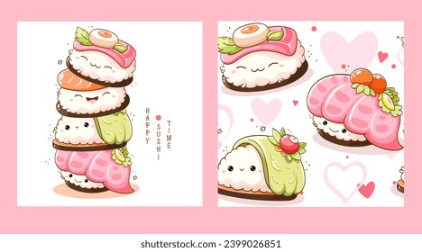 Set of seamless pattern and one print with cute sushi and roll in kawaii style. Endless texture can be used for textile pattern fills, t-shirt design, web page background. Vector illustration EPS8