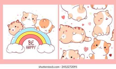 Conjunto de patrón sin costuras y un estampado con lindos gatos en estilo kawaii. La textura sin fin se puede utilizar para rellenos de patrones textiles, diseño de camisetas, fondo de página de Web. Inscripción Sé feliz. Vector EPS8