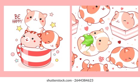 Set of seamless pattern and one print with cute cats in kawaii style. Endless texture can be used for textile pattern fills, t-shirt design, web page background. Inscription Be happy. Vector EPS8