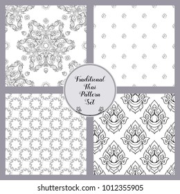 Set of seamless pattern with outline decorative elements of traditional Thai ornament. Stock vector illustration. 
