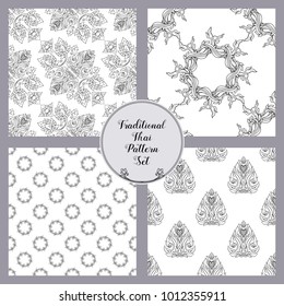 Set of seamless pattern with outline decorative elements of traditional Thai ornament. Stock vector illustration. 
