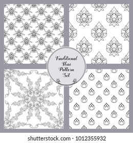 Set of seamless pattern with outline decorative elements of traditional Thai ornament. Stock vector illustration. 
