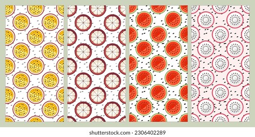 Set of seamless pattern. Passion fruit, mangosteen, watermelon, dragon fruit. Fruit pattern. Summer pattern. Patterns for textiles or for covers. Wallpapers.