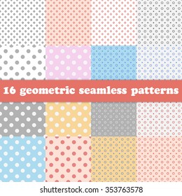 Set of seamless pattern. Pastel geometric pattern on a beautiful background. Circle, diamond, square, strips, lattice cell. Stylish background.