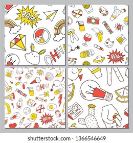 Set of seamless pattern with patch doodles. Vector illustration.