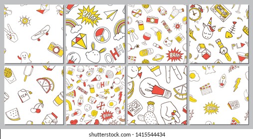 Set of seamless pattern with patch doodles. Vector illustration.