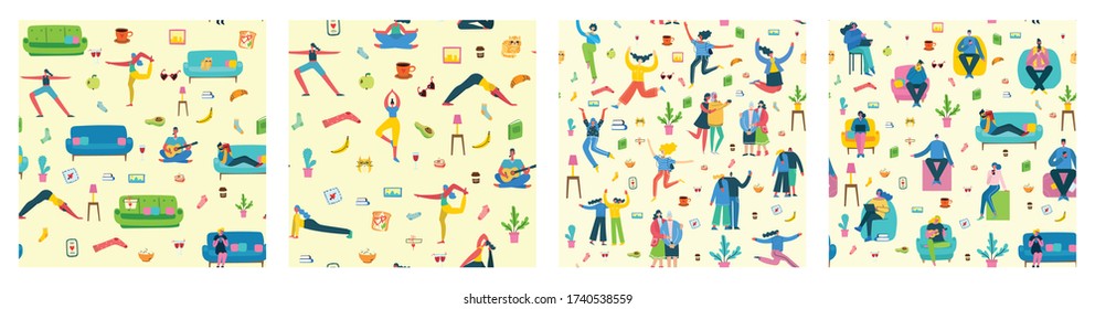 Set of seamless pattern, people activity at home.  People seat at sofa, jump, work, celebrate, play, do sport, read at home. 