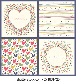 Set seamless pattern and postcards, frames with flowers and hearts.  Great for Baby, Valentine's Day, Mother's Day, wedding, scrapbook, surface textures.