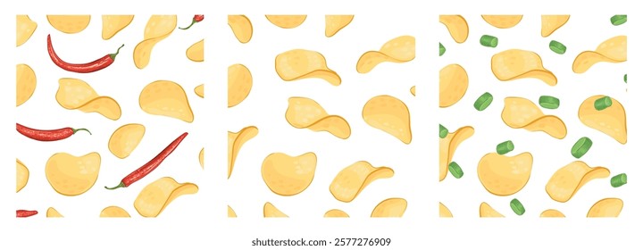 Set of Seamless pattern of potato chips, green onions and red chilly peppers. Vector background. For snack packaging, fast food, decor, design and banners.