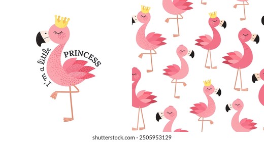 Conjunto de patrón sin fisuras y estampado con pájaro flamenco. Patrón infantil para estampados infantiles, ropa, embalaje, papel de regalo y postales. Pájaros lindos en estilo plano para niños. Ilustración vectorial.