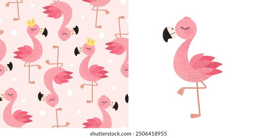 Set of seamless pattern and print with flamingo bird. Childish pattern for childish prints, clothing, packaging, wrapping paper and postcards. Cute birds in flat style for kids. Vector illustration.