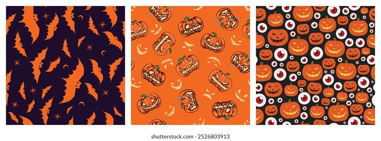 set seamless pattern of pumpkin head lights, eye, bat on black and orange background. lantern in Halloween party celebration. vector