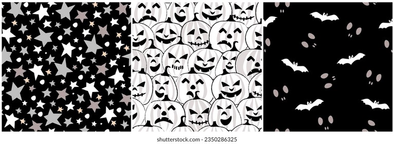 Set of seamless pattern with pumpkins for Halloween. Terrible ominous faces and frightening smiles, eyes glowing in the dark, starry sky, bats. Vector graphics.