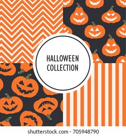 Set of seamless pattern, pumpkins for Halloween day, hand drawn backdrop. Colorful illustration, mood smiles. Background traditional holiday symbol. Trick or treat. Decorative wallpaper for printing
