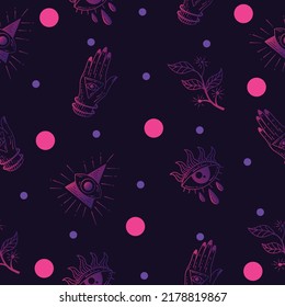 Set Seamless Pattern Purple Mystical Celestial Simple Minimalism Tattoo Symbol With Pink Circle Object Space Doodle Esoteric Elements Vintage Illustration Dark Purple Background.