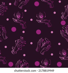 Set Seamless Pattern Purple Mystical Celestial Simple Minimalism Tattoo Symbol With Purple Random Circle Object Space Doodle Esoteric Elements Vintage Illustration Dark Purple Background.
