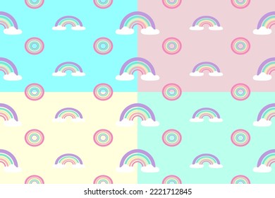 Set of seamless pattern, rainbow with cloud on the pastel background designed for wallpaper, clothing, carpet, curtain, and home decoration.