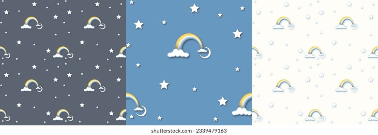 set seamless pattern with rainbow , moon, star, fabric design. Kids Hand drawn design for textiles, wallpaper baby clothing, bed linen, office supplies.