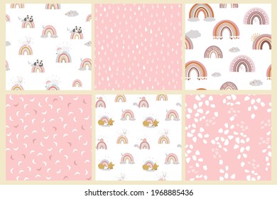 Set of seamless pattern with rainbows, sleeping funny animals, clouds and stars, simple shapes. A fox, a rabbit, a turtle with its eyes closed. Children's cute vector illustration for print, textile.