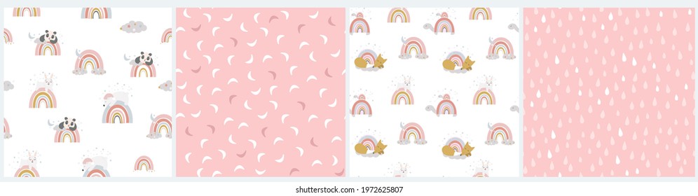 Set of seamless pattern with rainbows, sleeping funny animals, clouds and stars, simple shapes. A fox, a rabbit, a turtle with its eyes closed. Children's cute vector illustration for print, textile.