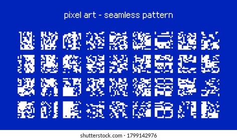 Set of seamless pattern with random pixel noise. Generative glitch art.