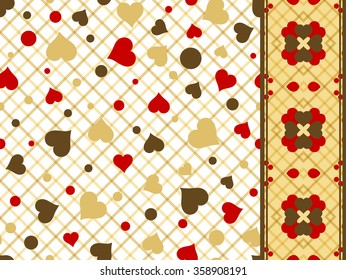 Set of Seamless pattern with red gold brown hearts and border (band ribbon tape strip). Valentines Day vector background