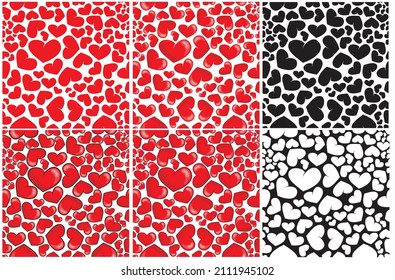 Set of Seamless pattern of red hearts. Valentine's Day background. Flat design endless chaotic texture of tiny heart silhouettes. Shades of red. Vector illustration isolated on white background.