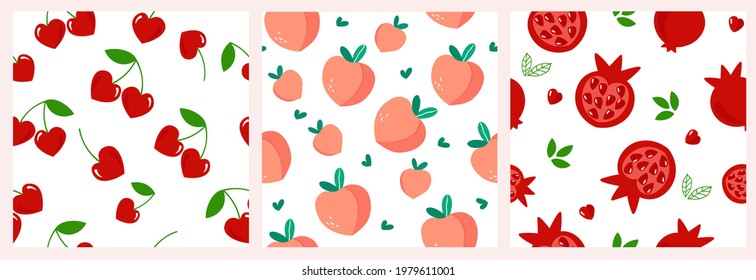 The set is a seamless pattern of red pomegranate fruits, whole and cut with heart-shaped stones and green leaves, cherry berries, peach. Simple abstract minimalistic shapes. Vector graphics.