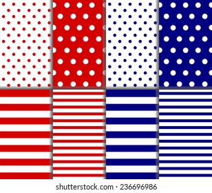 Set of seamless pattern - red, white and blue. Big and small polka dots, lined textile with large and small lines and stripes design. Perfect as 4th of july or nautical background. vector illustration