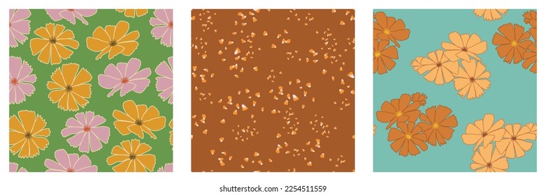 Set of Seamless Pattern in Retro 1970 Peace Style. Floral Seventies Background Collection. Groovy Flowers. Hand Drawn Vector Illustration. Trendy Texture Designed for fabric, textile, printing