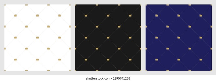 Set of seamless pattern in retro style with a golden crown. Vector