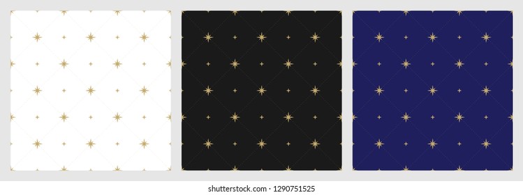 Set of seamless pattern in retro style with golden stars. Vector