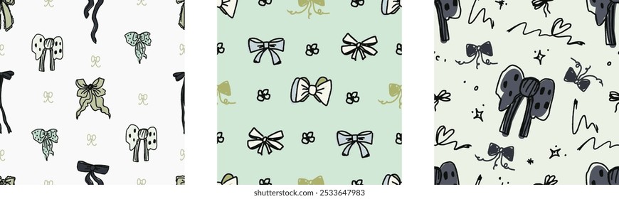 Set of seamless pattern with ribbon, bow. coquette, pattern background, print, pattern, greeting card, wrapping paper, fashion, fabric, textile, wallpaper, cover. Childish naive doodle vector art