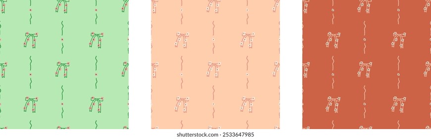 Set of seamless pattern with ribbon, bow. coquette, pattern background, print, pattern, greeting card, wrapping paper, fashion, fabric, textile, wallpaper, cover. Childish naive doodle vector art