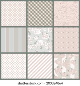 Set of seamless pattern with roses, stripes, polka dot. Floral romantic background in pastel colors . Vector illustration