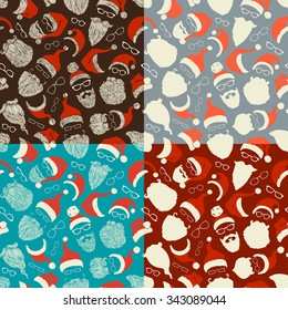 Set of seamless pattern of Santa hats, beards and eyeglasses. Boundless background can be used for web page backgrounds, wallpapers, wrapping papers, invitation and congratulations. 