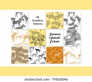 Set Seamless pattern with savanna animals colours. Hand drawn vector cheetah, leopard, zebra and giraffe in safari park