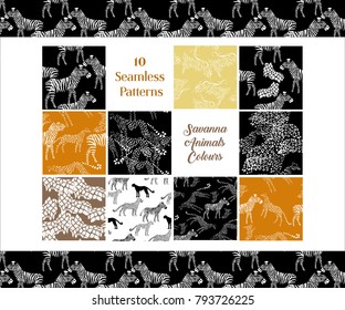 Set Seamless pattern with savanna animals colours. Hand drawn vector cheetah, leopard, zebra and giraffe in safari park