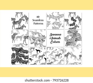Set Seamless pattern with savanna animals colours. Hand drawn vector cheetah, leopard, zebra and giraffe in safari park