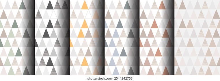 Set of seamless pattern in Scandinavian motifs in muted natural shades of beige, gray, olive, yellow, brown, blue tones. Triangular shapes. Wood texture.