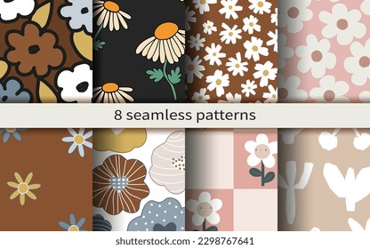 Set of seamless pattern for scrapbook or textile. Floral cartoon prints. Vector hand drawn illustration.