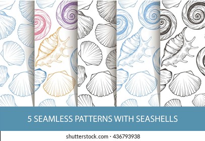a set of seamless pattern with seashells. Backgrounds with sketches and linear silhouettes shells. stock vector