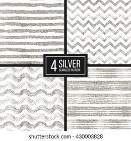 Set Of Seamless Pattern Of Silver Glitter Stripes, Hand Drawn Vector Pattern For Paper, Card, Invitation, Wedding, Web