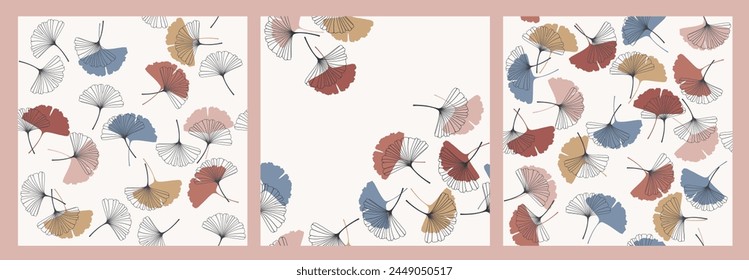 Set of Seamless pattern with skeletonized colored gingko biloba leaves, veined, on white background. Vector illustration EPS10