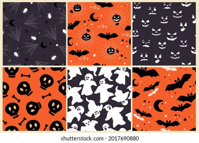A set of seamless pattern of skull and bones, spider webs, bats, ghosts, pumpkins, evil glowing faces. A horror ornament for the Halloween holiday. Vector graphics.