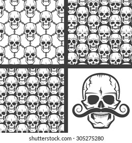 Set of seamless pattern of skulls. Skull with a mustache. Include in swatches window.