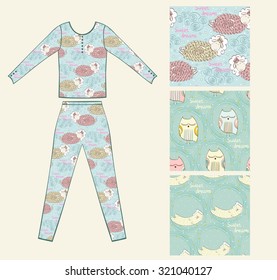 Set of seamless pattern with sleeping animals pajamas