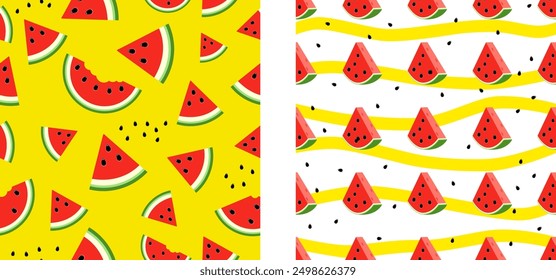 Set seamless pattern with slice  watermelon.  juicy water melon pattern on white and yellow background. Collection modern Vector pattern.