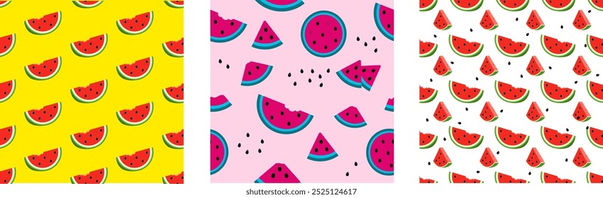 Set seamless pattern with slice  watermelon.  juicy water melon pattern on white and yellow background. Collection modern Vector pattern.