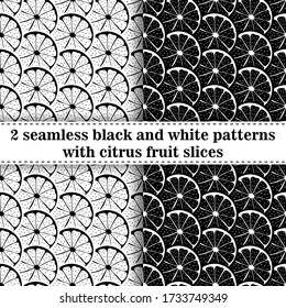 Set of seamless pattern with sliced pieces of citrus. Collection of black and white backgrounds with tropical fruits. Lemon, orange, grapefruit, lime. Stock vector illustration. For creative designs.